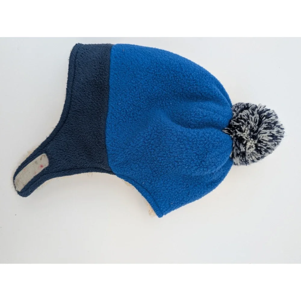 LL Bean Toddler Fleece Trapper Hat Blue Navy Faux Fur Pom Beanie 2T-4T 510826
